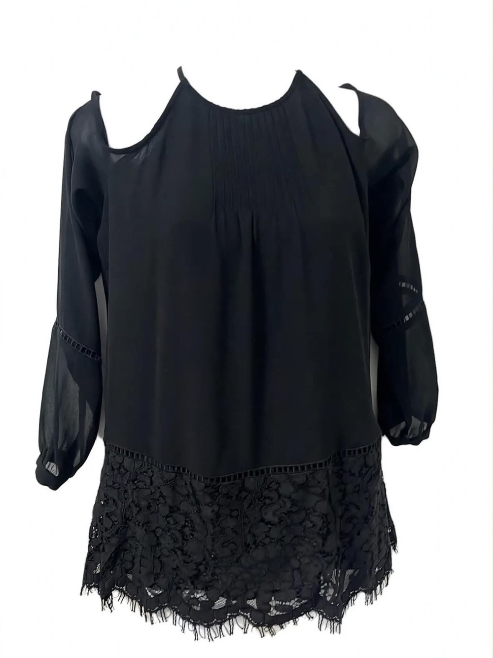 Michael Kors NWT Black Cold Shoulder Blouse Size S Lace Hem Sheer Chiffon Top $1